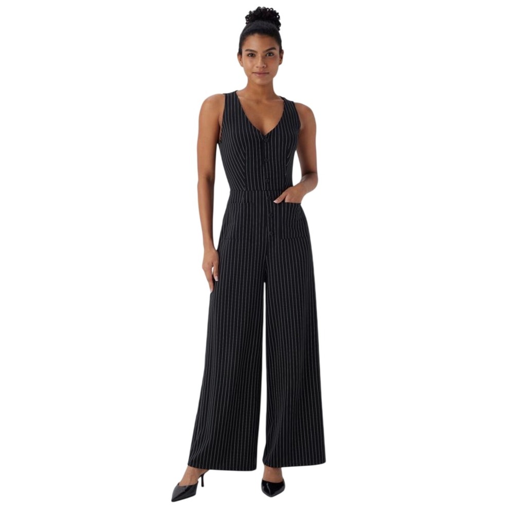 Halara V Neck Sleeveless Cut Out Pockets Wide Leg Stripe InstantCool Jumpsuit M